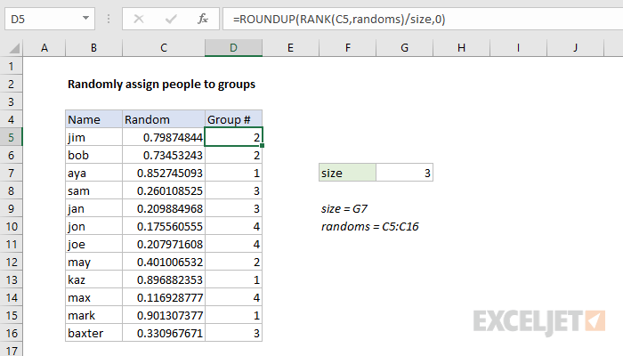 Excel formula: Haphazardly assign people to groups